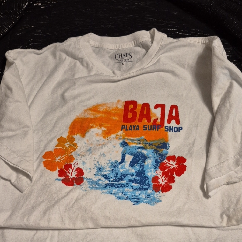 Chaps Large White T-Shirt with Baja Surf Graphic